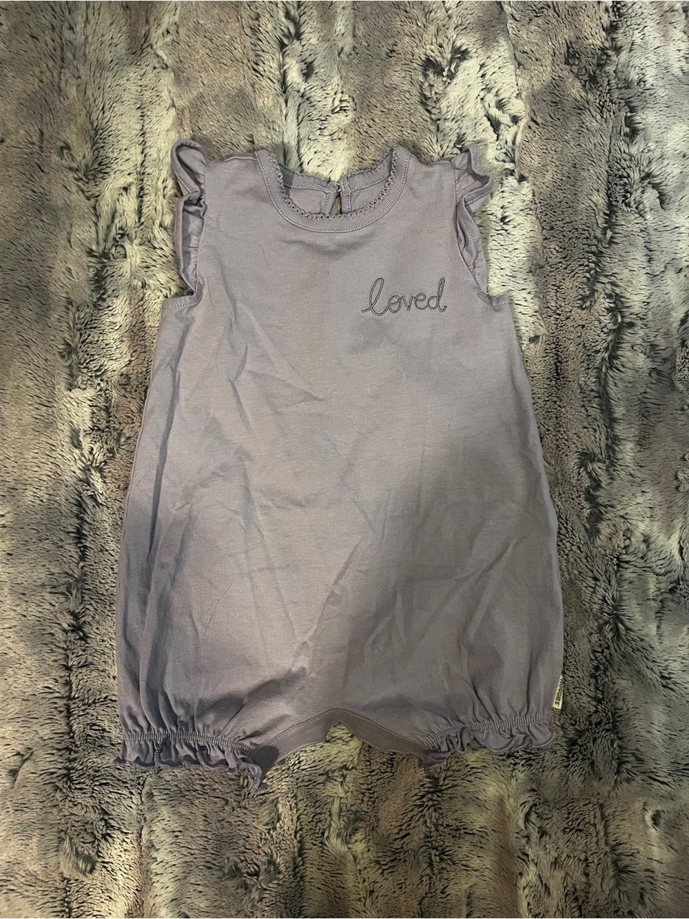 4/25$ Lavender Baby Romper with "Loved" Embroidery - Huggies